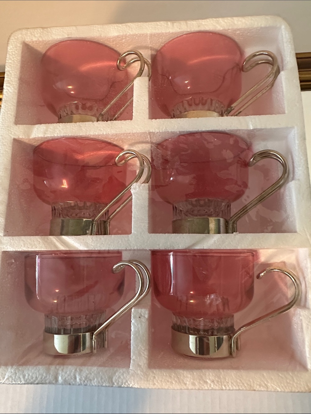 Vintage Pink Glass Espresso Cup Set with Gold Tone Handles